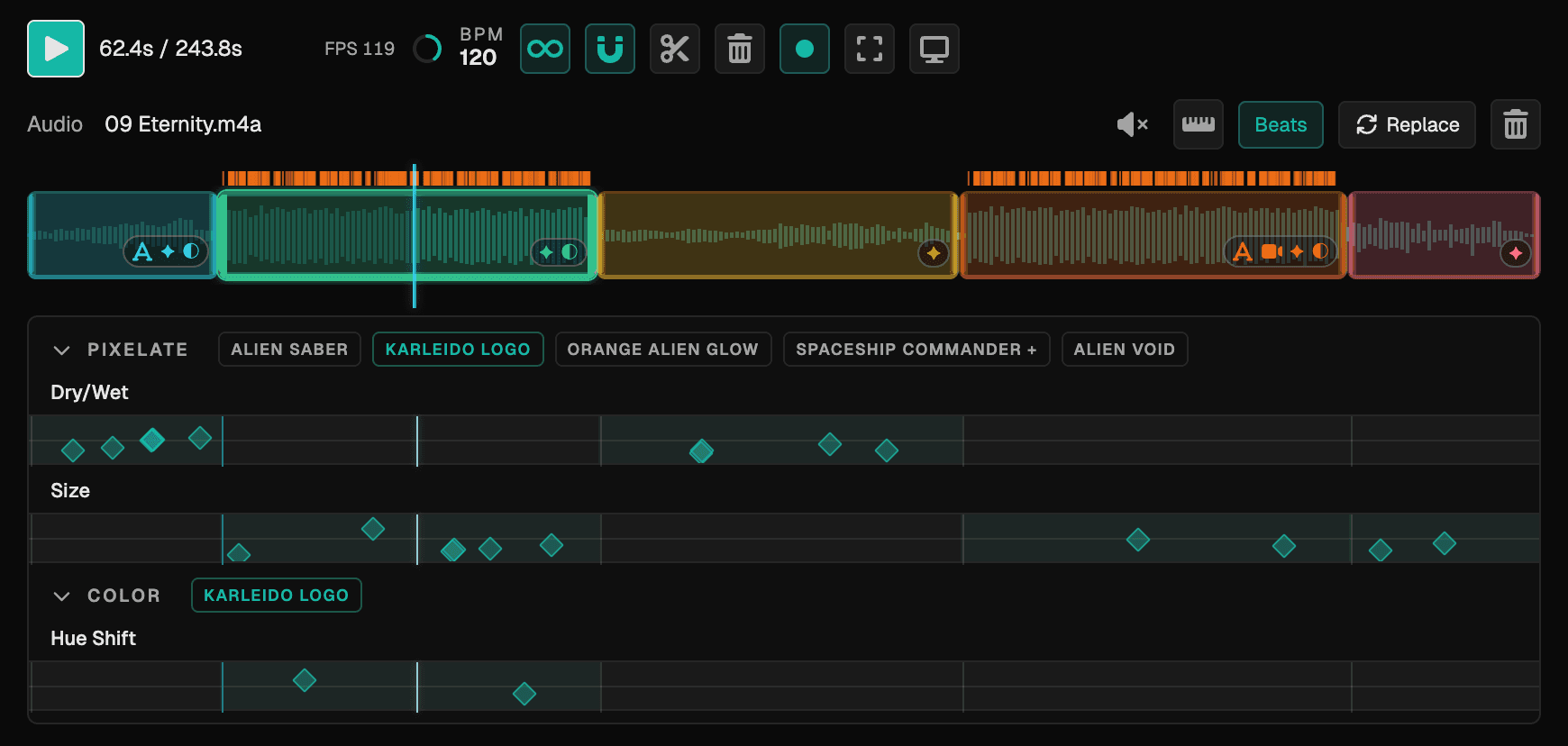 Karleido clip editor timeline
